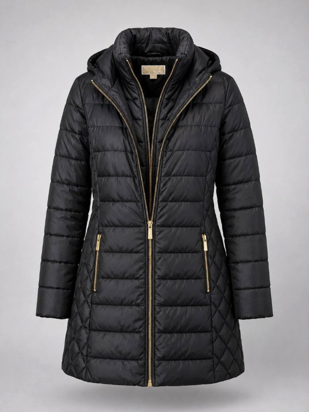 Michael Kors Womens Medium Puffer Coat Black Quilted Hooded w Gold Zippers Parka